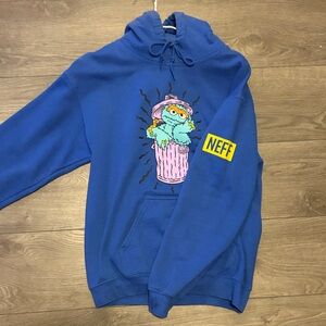 Neff Royal Blue Hoodie with Colorful Cartoon Trash Can Graphic
